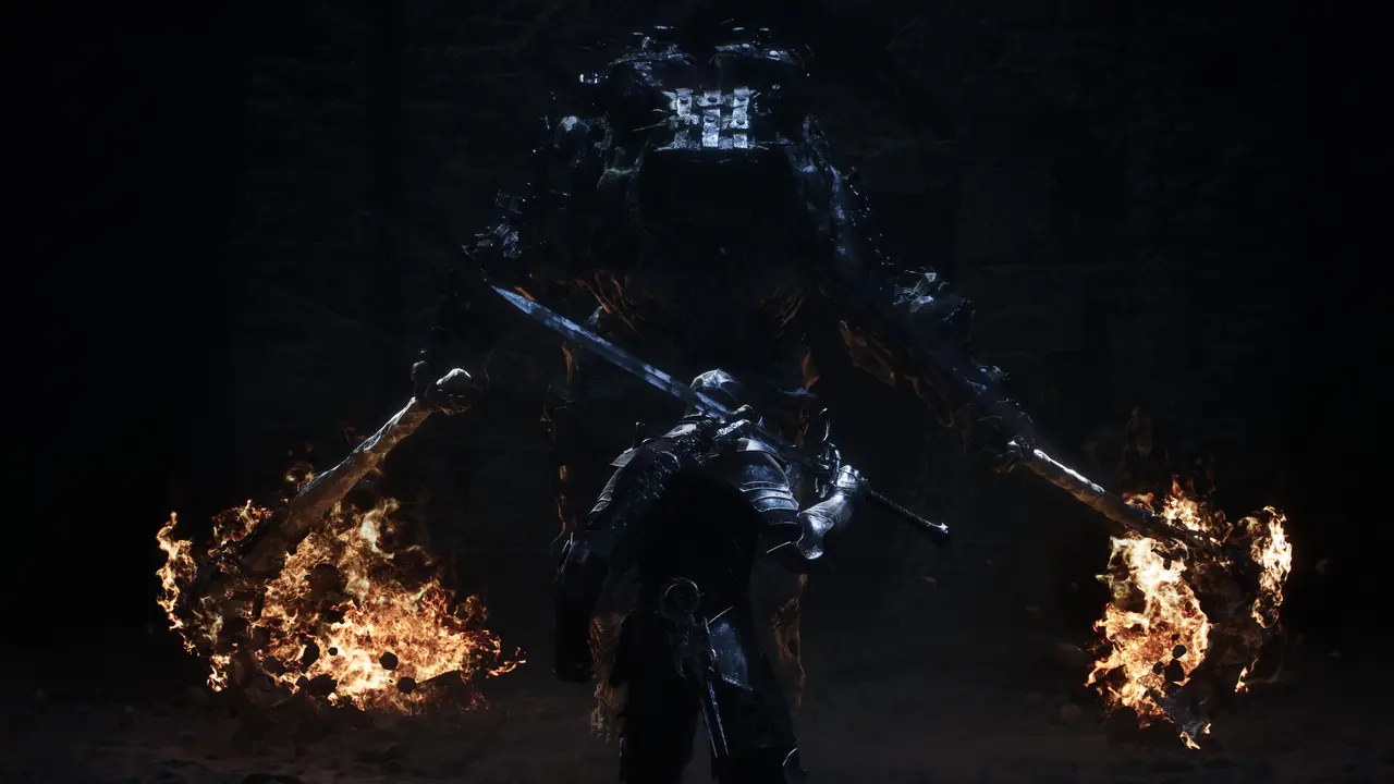 Official Mortal Shell II screenshot of a Shell facing a flaming heavy enemy