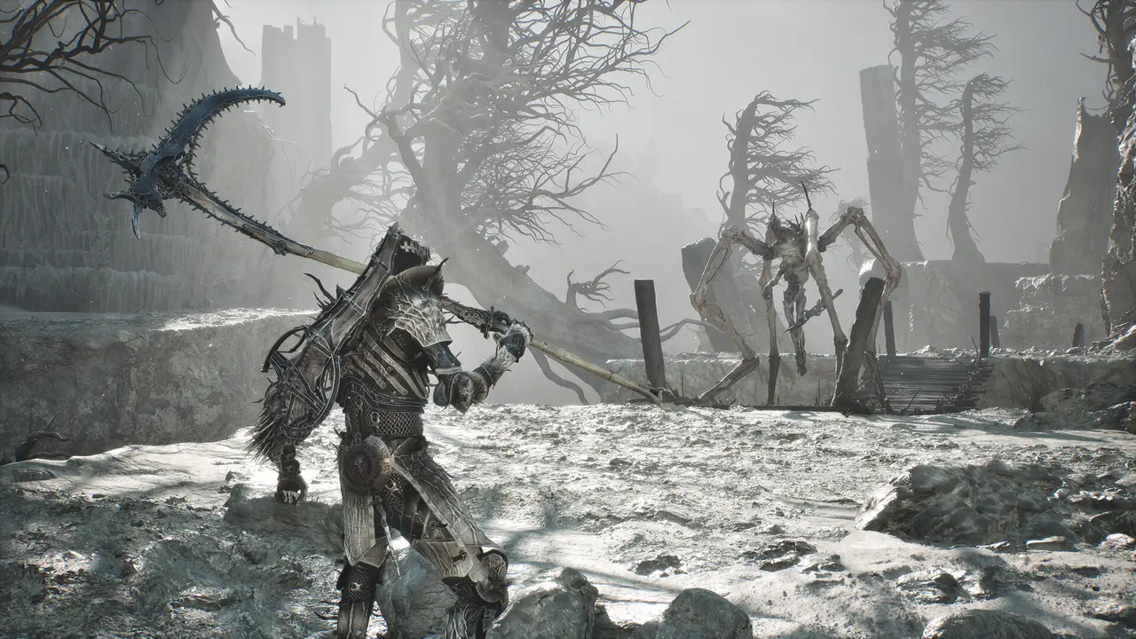 Official Mortal Shell II screenshot of an armored Shell using the Clockwork Scythe