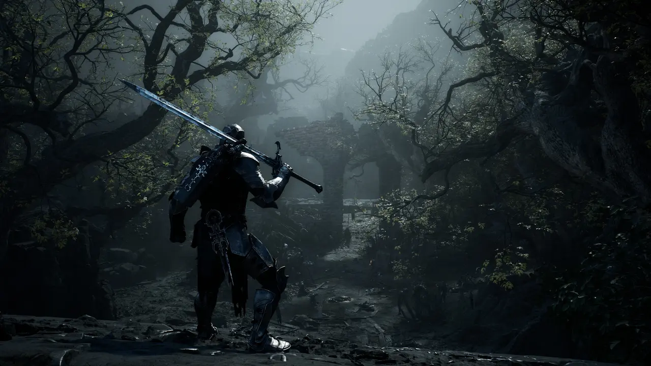 Official Mortal Shell II screenshot of a Shell carrying a large sword in Fainweald