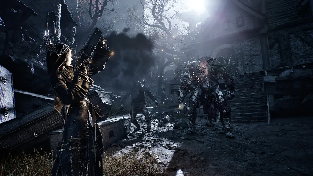 Official Mortal Shell II screenshot of a Shell firing a sidearm at a group